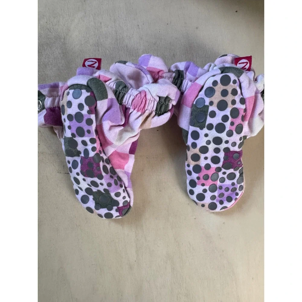 Zutano Pink Purple Checkered Organic Cotton Baby Booties Gripper Soles 18M